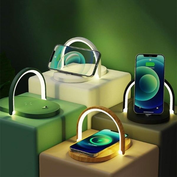 3-in-1 Wireless Charging Station with LED Night Light | 15W Fast Charger Desk Lamp