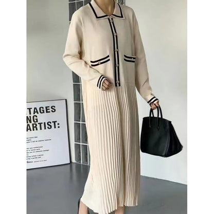 Women's Loose-fit Retro Knitted Dress With Turn-down Collar And Contrasting Colors