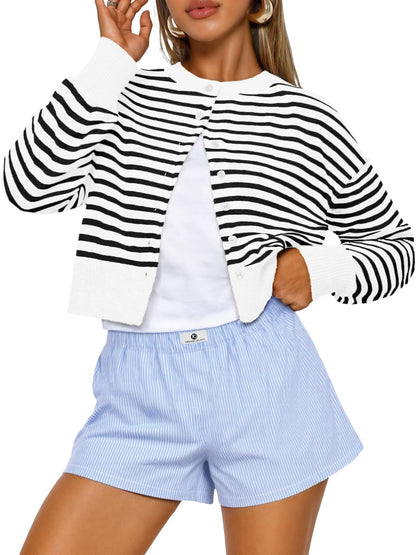 Buttoned Long-sleeve Crew-neck Solid-color Cropped Knit Sweater
