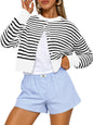 Buttoned Long-sleeve Crew-neck Solid-color Cropped Knit Sweater