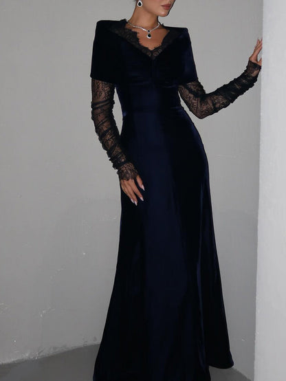 Navy Blue Velvet Lace Long-Sleeve Gown