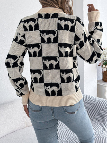Women Halloween Plaid Lantern Sleeve Long Sleeve Pullover Sweater