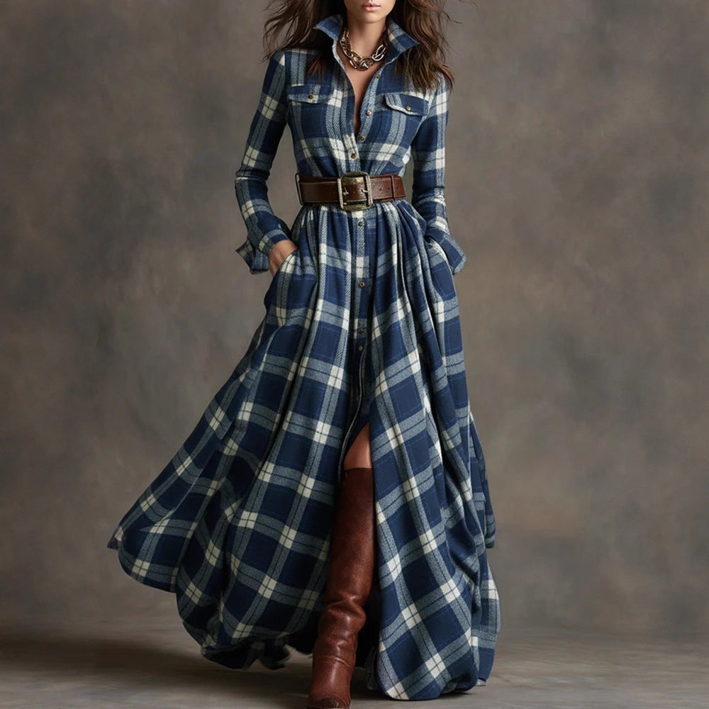 French Retro Grid Dress - Elegant Slim Fit Irregular Hem Dress for Women | Plus Size Available
