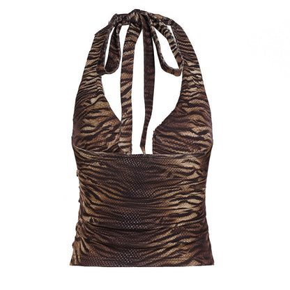 Sexy Hot Girl Style Tiger Print Deep U-neck Halter Top
