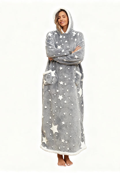 Oversized Wearable Hooded Blanket With Print Glow In The Dark Long Size Sherpa Warm Sweatshirt For Women