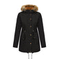 Hooded Women's Mid-length Padded Coat With Fur Collar And Defined Waist