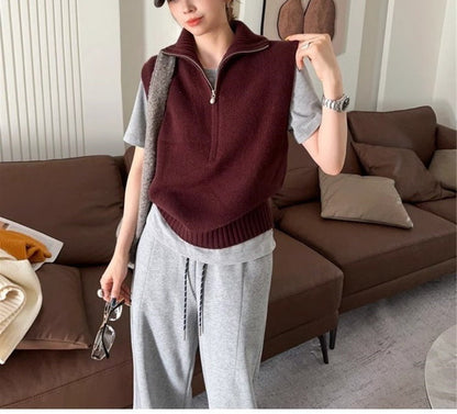 Retro Half Zipper Sleeveless Knit Vest