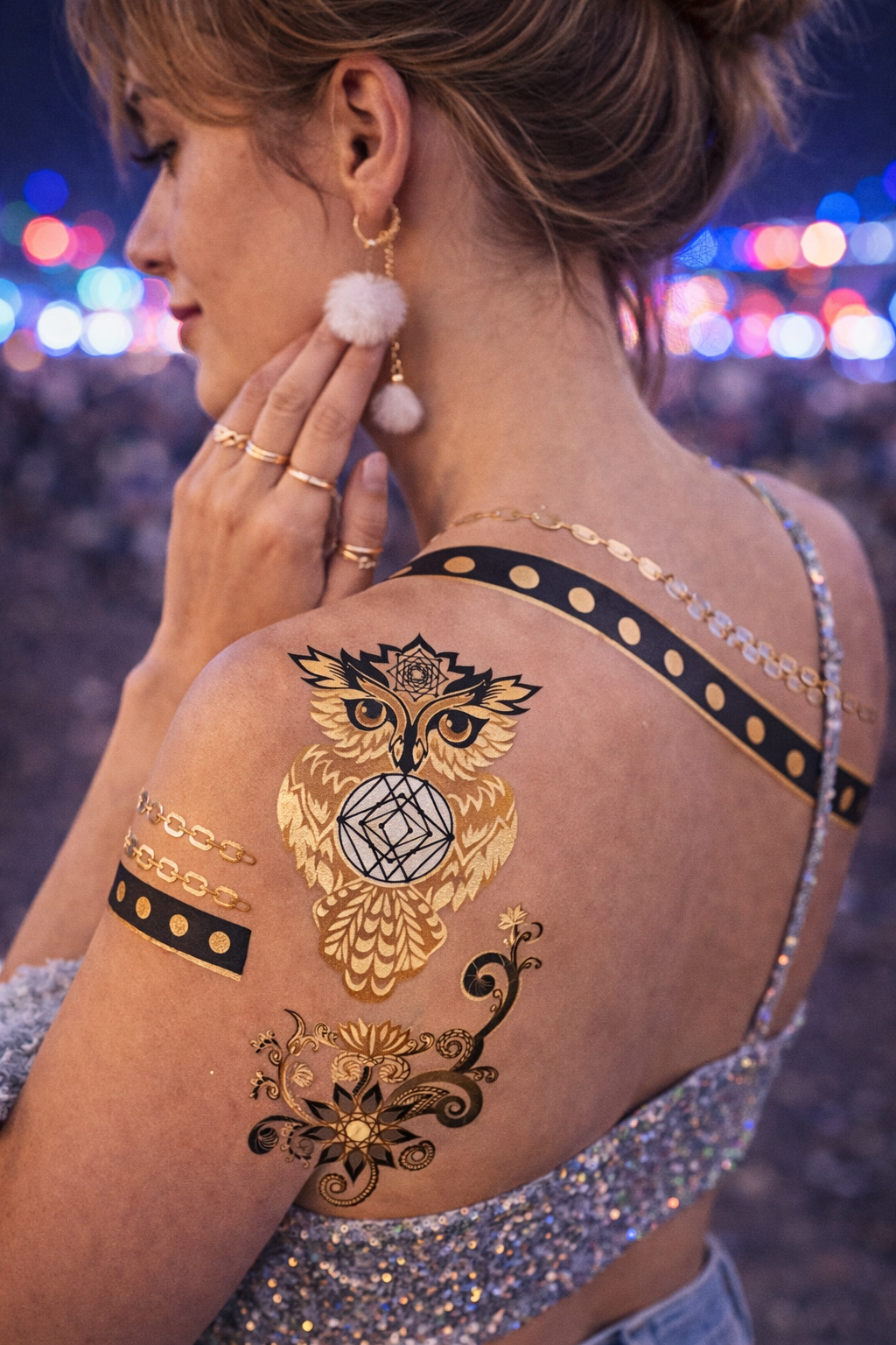 Chakra Temporary Tattoos – Metallic Gold & Black | Spiritual Festival Face & Body Art
