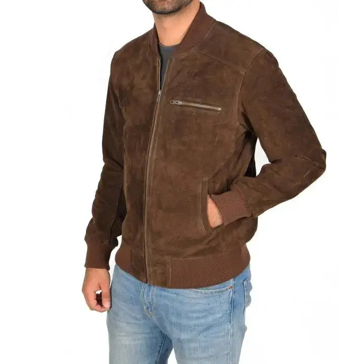 Men’s Chocolate Brown Suede Bomber Jacket-2