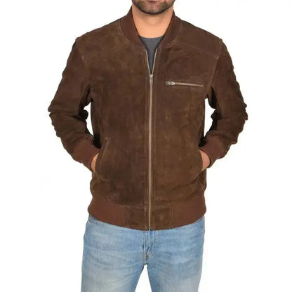 Men’s Chocolate Brown Suede Bomber Jacket-0