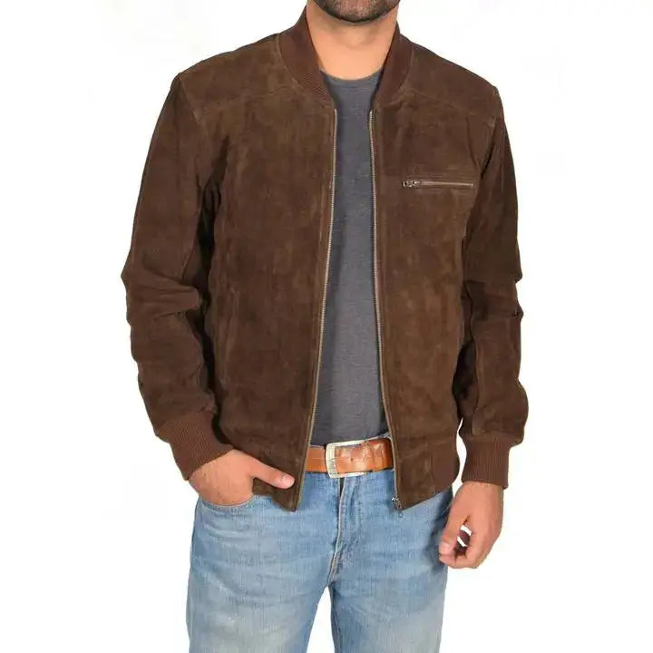 Men’s Chocolate Brown Suede Bomber Jacket-3