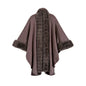 Classic Oversized Knit Coat With Artificial Rabbit Fur Collar - Elegant Pullover Cloak in Monochrome