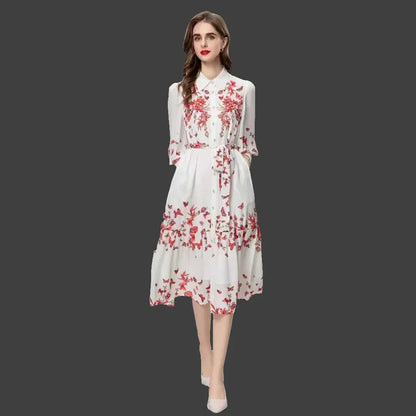 Colorful Floral Lace-Up Dress with Beads and Long Sleeves, Ideal for Heavy Industry
