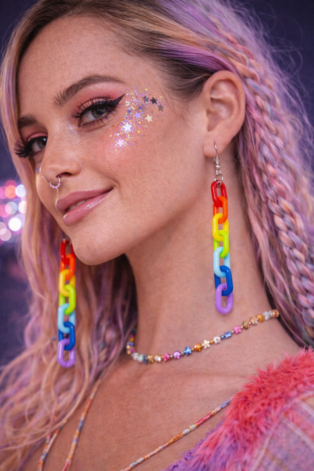 Rainbow Chain Drop Earrings – Colourful Festival Rave Statement Jewellery