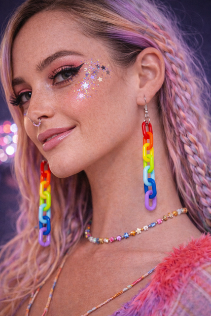 Rainbow Chain Drop Earrings – Colourful Festival Rave Statement Jewellery