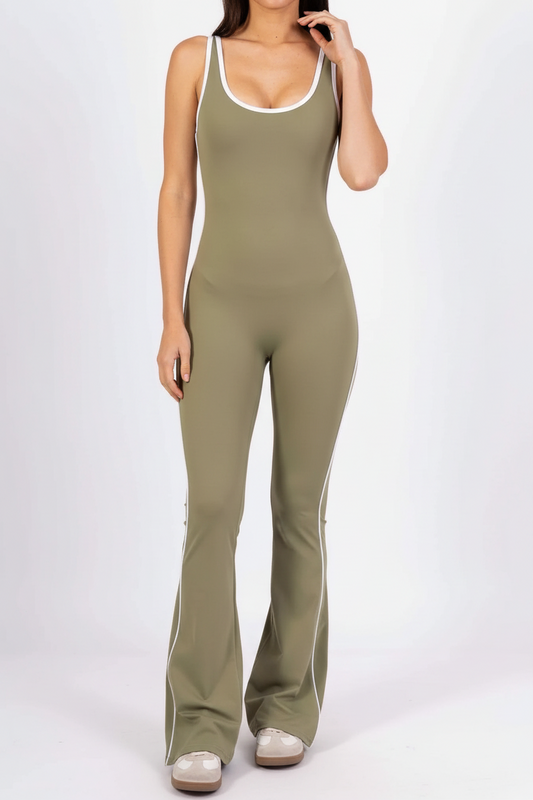 Flared Open Back Jumpsuit with Push-up Butt & Contrast Details