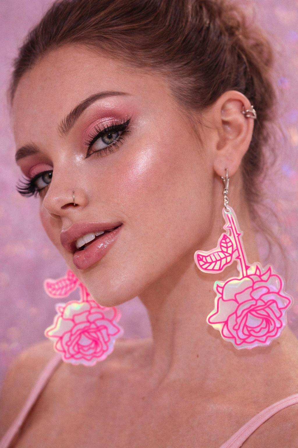 Rose Earrings UK – Iridescent Floral Statement Earrings (Pink Acrylic Drop Earrings)