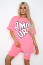 Cycling Short and T-Shirts Co-Ord Two Piece Side Slit Set with Front Printed Slogan