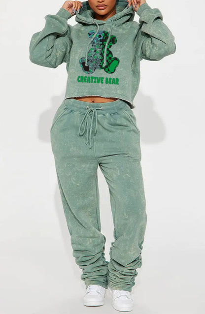 Casual Printed Hooded Short Sweatshirt Set