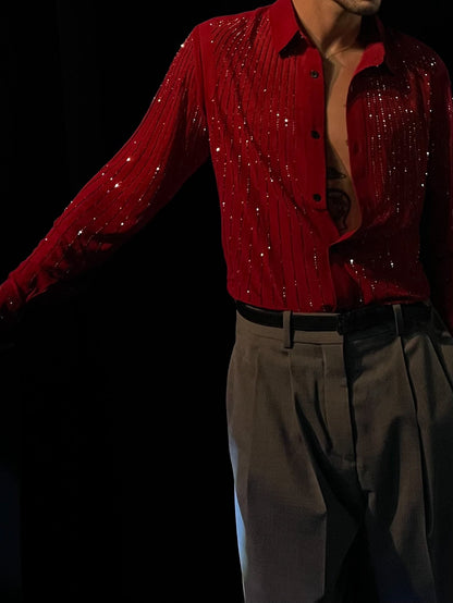 Red Sequin Stripe Long Sleeve Shirt
