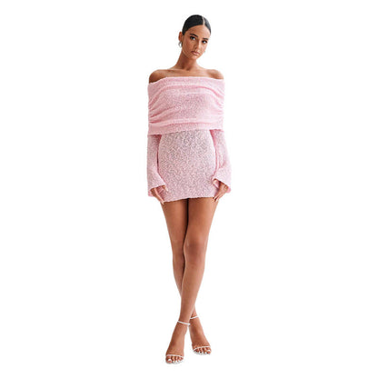 Women's Spring Summer Knitted Dress Elegant Party Boat Neck Dress Infant Off Shoulder Bodycon Long Sleeve Fuzzy Short Club Chic Mini Dress
