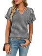 New Women's V-neck Short-sleeve Loose-fit Striped Casual Pullover T-shirt