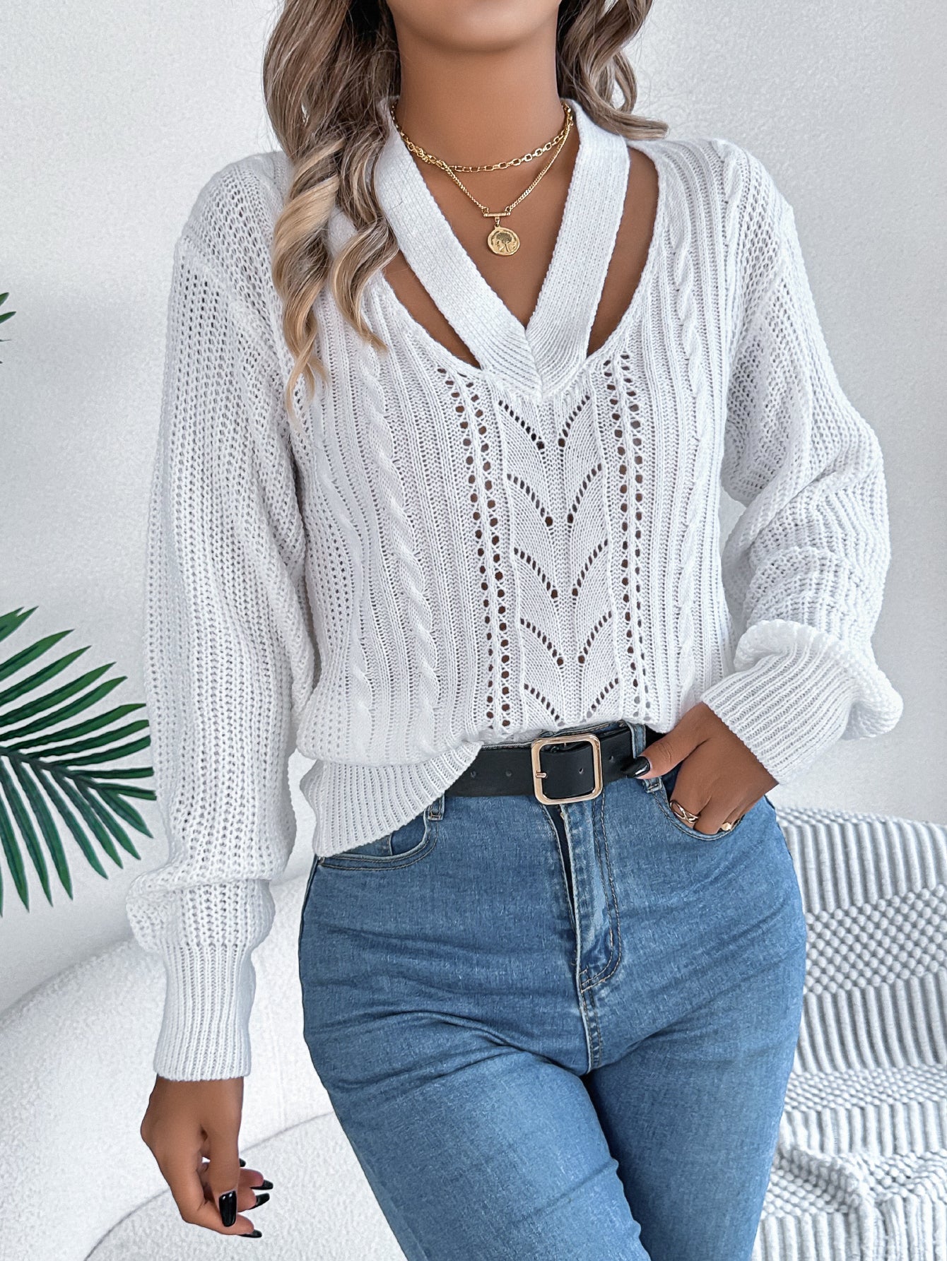 Women Casual Hollow Out V-Neck Cable Knit Lantern Sleeve Pullover Sweater