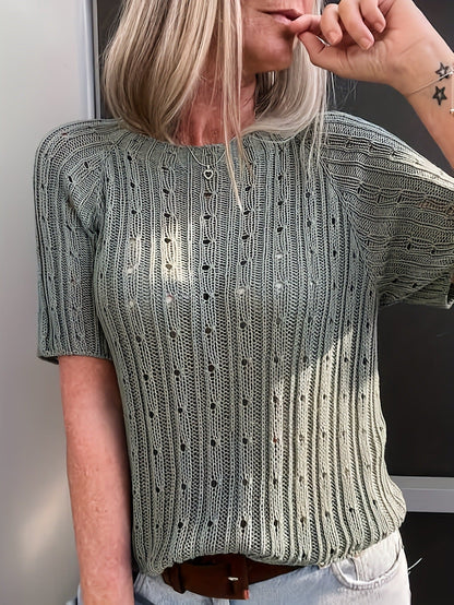 Women's Solid-color Crew-neck Hollow-out Mesh Knit Short-sleeve