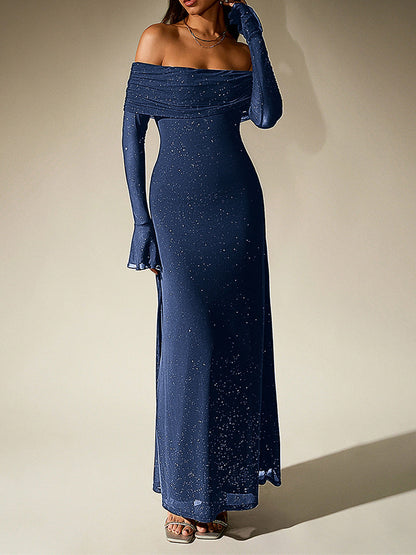 Black Off-Shoulder Maxi Dress With Glitter Detail And Mesh Sleeves