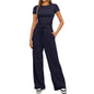 2pcs Solid Color Casual Sports Yoga Suit Short-sleeved Top And High-waisted Drawstring Wide-leg Pants Summer Fashion Set For Womens Clothing
