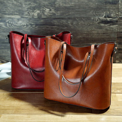 Simple Oil Wax Leather Messenger Shoulder Bags Women's High Capacity Portable Tote Bag