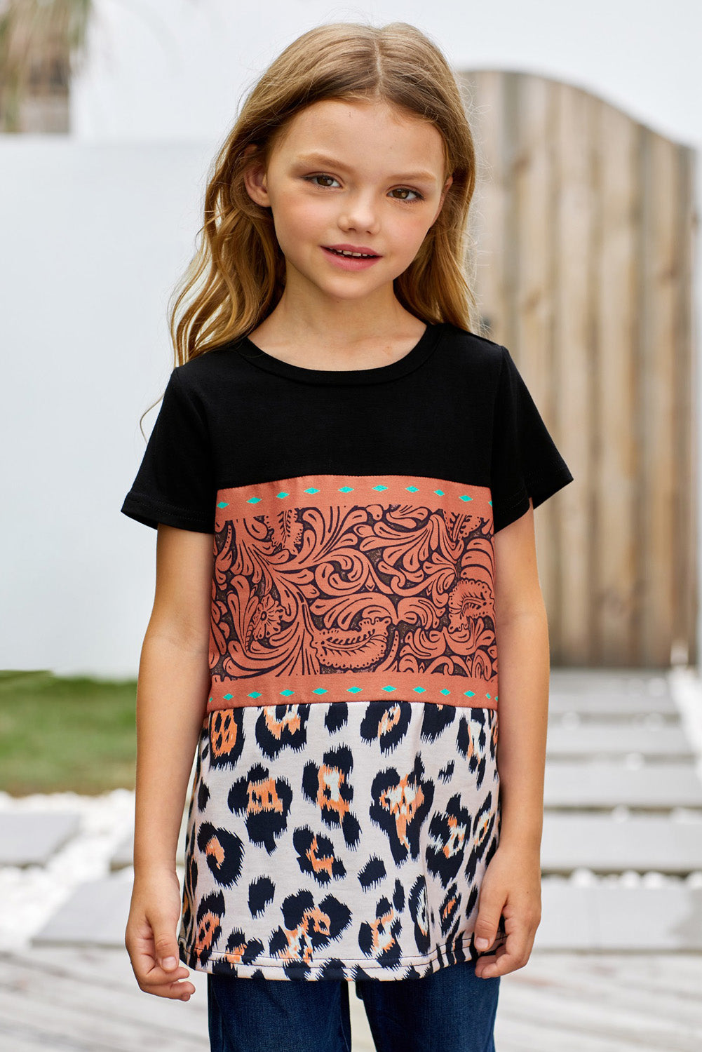 Brown Print Leopard Colorblock Girls' T-shirt