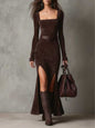 Zipper Square-neck Slit Maxi Dress