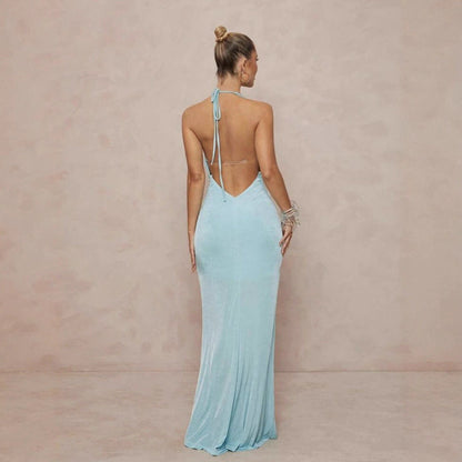 Deep V-neck Halter Dress With Open Back For Beach Vacations