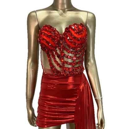 Sexy Skirt Suit Hollow Mesh See-through Banquet Company Party Stage Costume
