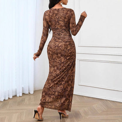 Women’s Retro Cashew Print Long Sleeve Dress – Elegant & Graceful Style