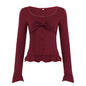 Sweet And Spicy Style With A U-neck And Ruffled Hem, Long-sleeved Design