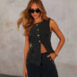 Denim Vest Suits Fashion Sleeveless Button Tops And Wide Leg Straight Pants With Pockets Women's Trousers Set