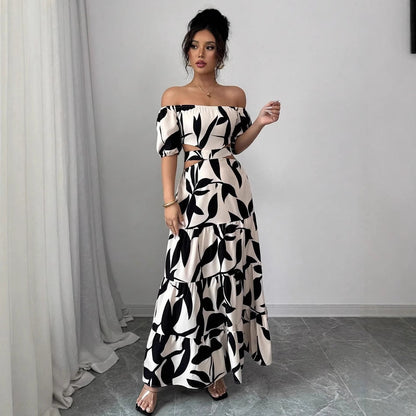 Off-shoulder Sexy Hollow-out Dress Printed Bodycon Dress That Flatters Your Figure And Shows Off Your Waist