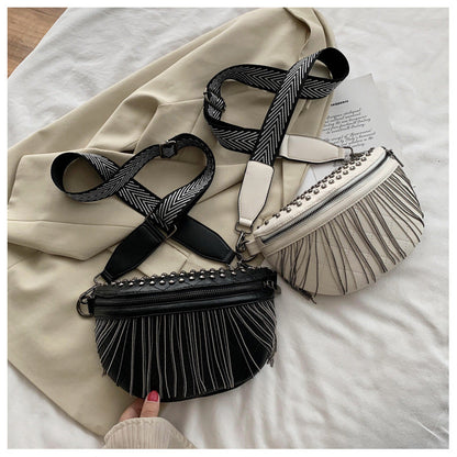 Fashion Solid Color Rivet Tassel Chest Bag