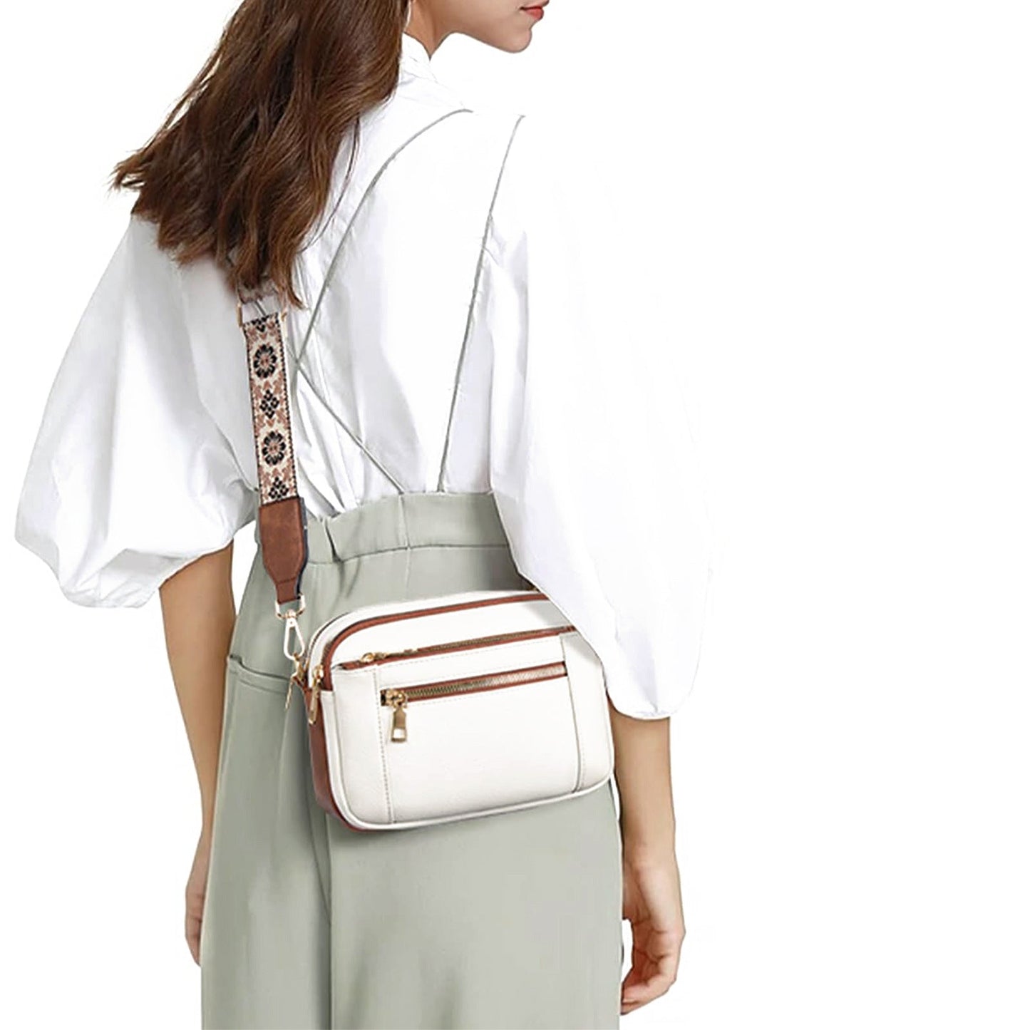 Triple-zipper Shoulder Bag With Floral Embroidered Straps Fashion Colorblock Multi-functional Crossbody Bags For Women