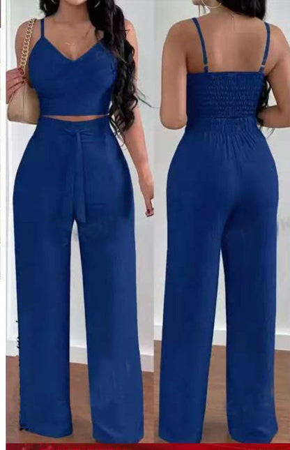 Women's Solid Color Slim Elastic Pleated Two-Piece Suit Sexy Spaghetti Strap V-neck Backless Vest High Waist Wide Leg Pants Suit