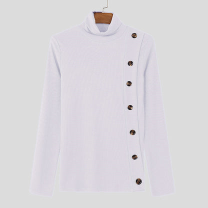 European And American Men Casual Sweater Turtleneck Buttons Solid Color Long Sleeve