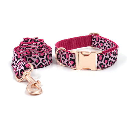Leopard Print Rose Gold Pet Collar Leash Bow