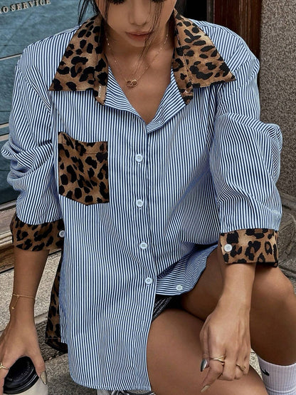 INS Leopard Striped Patchwork Shirt Fashion Casual Long-sleeved Button Lapel Top Women's Clothing