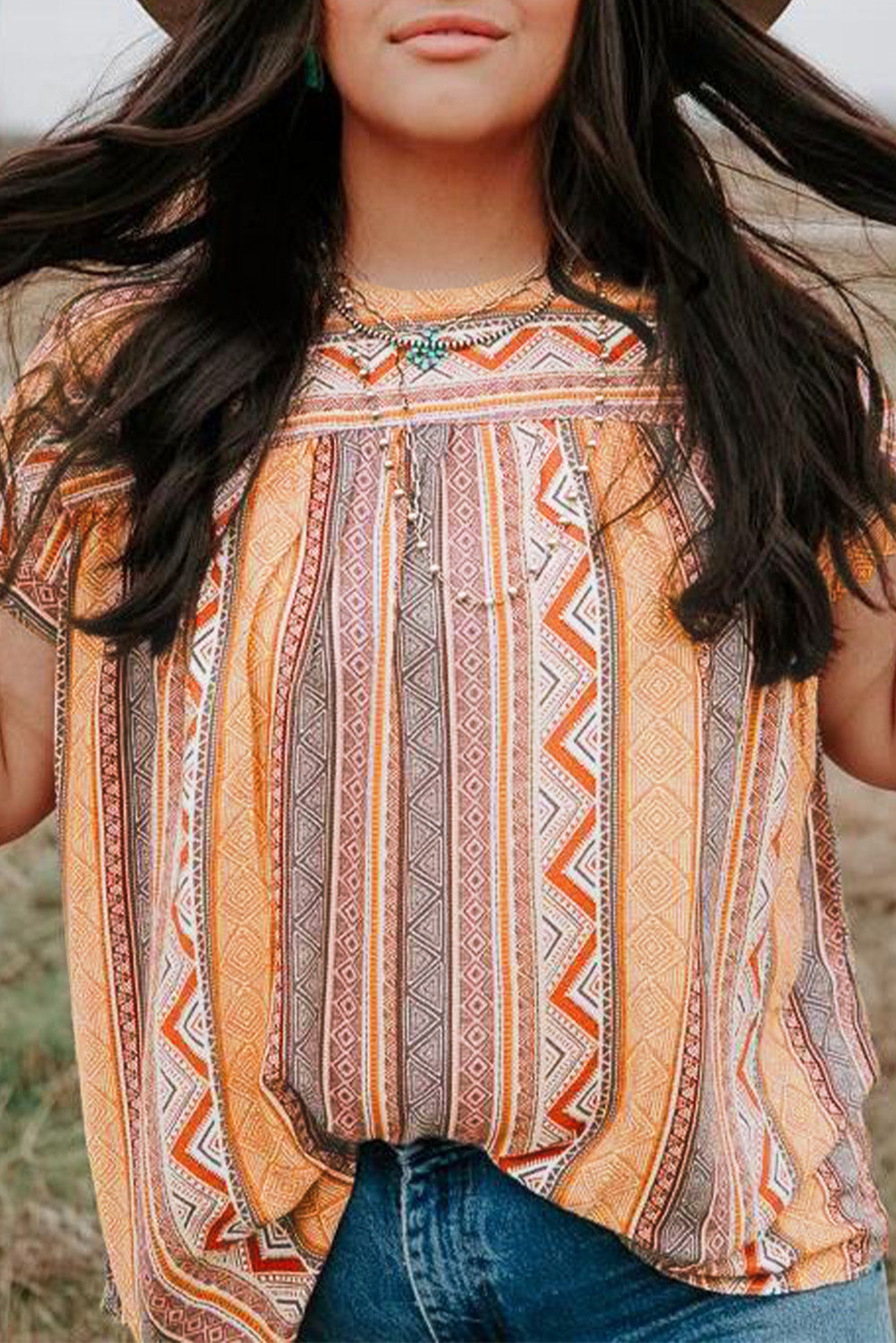 Multicolor Tribal Geometric Print Plus Size Short Sleeve Top