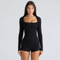 New Square Collar Bow Long Sleeve Top Tight Shorts Suit Women