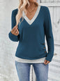 Long Sleeve V-neck Elegant Pleated Button Solid Color T-shirt Top