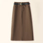 Brown A- Line Straight Skirt Retro Slit Hip Skirt