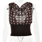 Polka Dots Print Oblique Shoulder Tops Summer Patchwork Chiffon Crop Top Women Sexy Sleeveless Lace Up Backless Blouse Casual Streetwear Tee